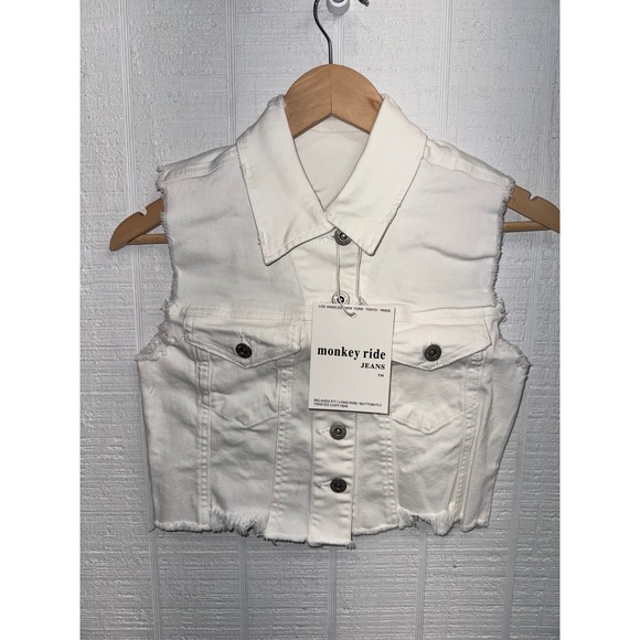 Monkey Ride Jeans Jackets & Blazers - Monkey Ride Jeans Denim Vest Women White Distressed Cropped Raw Hem S J1606